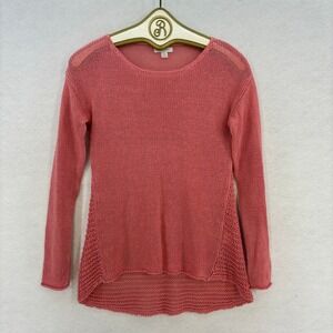 Garnet Hill Linen Sweater XS Coral Pink Crochet Knit High Low Casual Boho